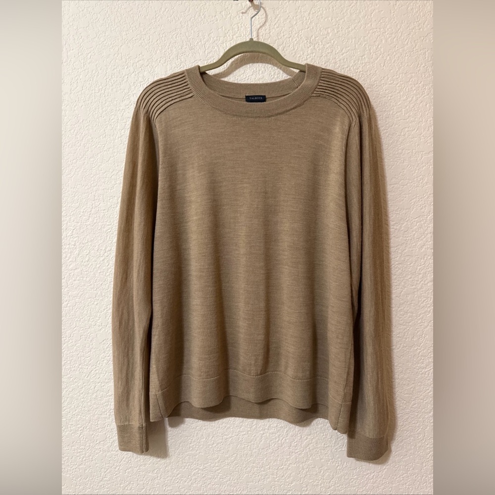Talbots Pure Merino Wool Crew Neck Sweater Women Sz XL Brown Pleated Shoulders